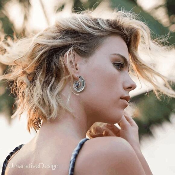 Silver Boho Western Geometric Spiral Feather Turquoise Earrings - Picture 3 of 3